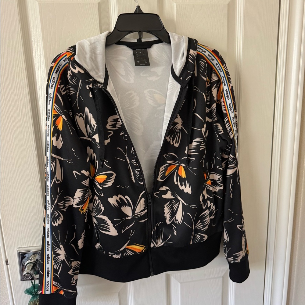 Adidas Black Bomber Jacket with Floral and Orange Accents